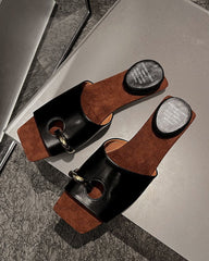 (Clean Up - US 7.5 ) Gold Ring Square Heel Thong Slide Sandals