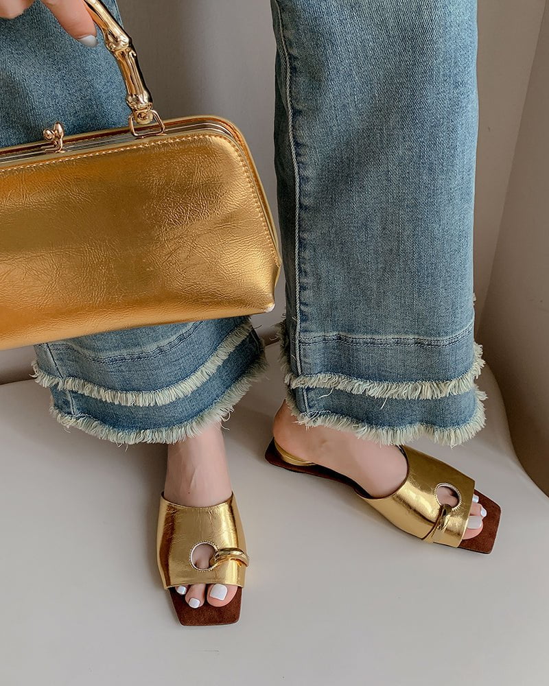 (Clean Up - US 7.5 ) Gold Ring Square Heel Thong Slide Sandals