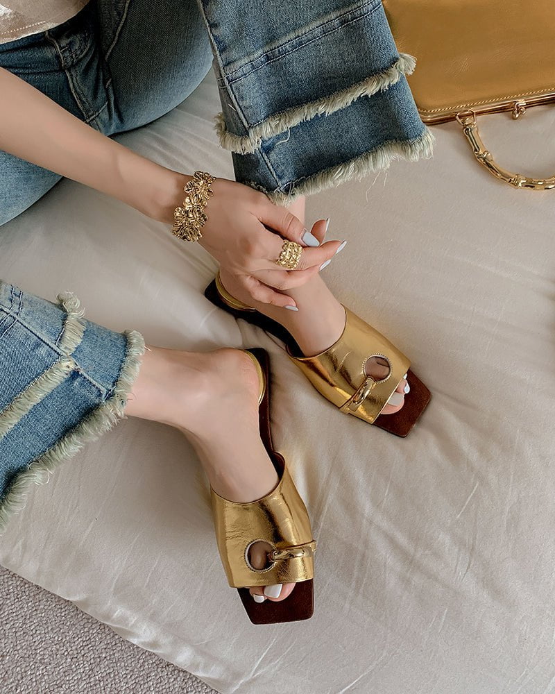 (Clean Up - US 7.5 ) Gold Ring Square Heel Thong Slide Sandals