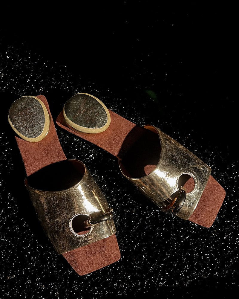 (Clean Up - US 7.5 ) Gold Ring Square Heel Thong Slide Sandals