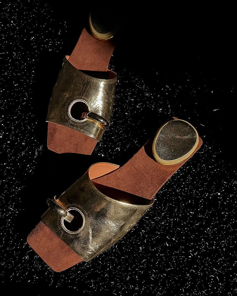 (Clean Up - US 7.5 ) Gold Ring Square Heel Thong Slide Sandals