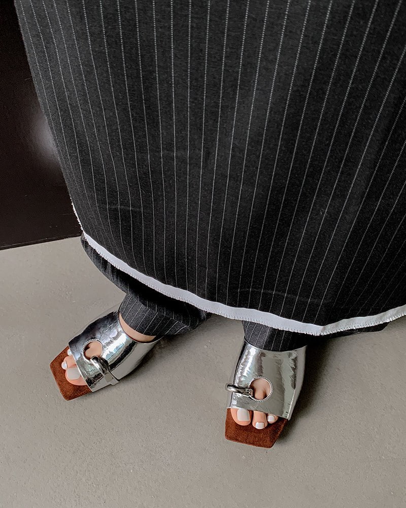 (Clean Up - US 7.5 ) Gold Ring Square Heel Thong Slide Sandals