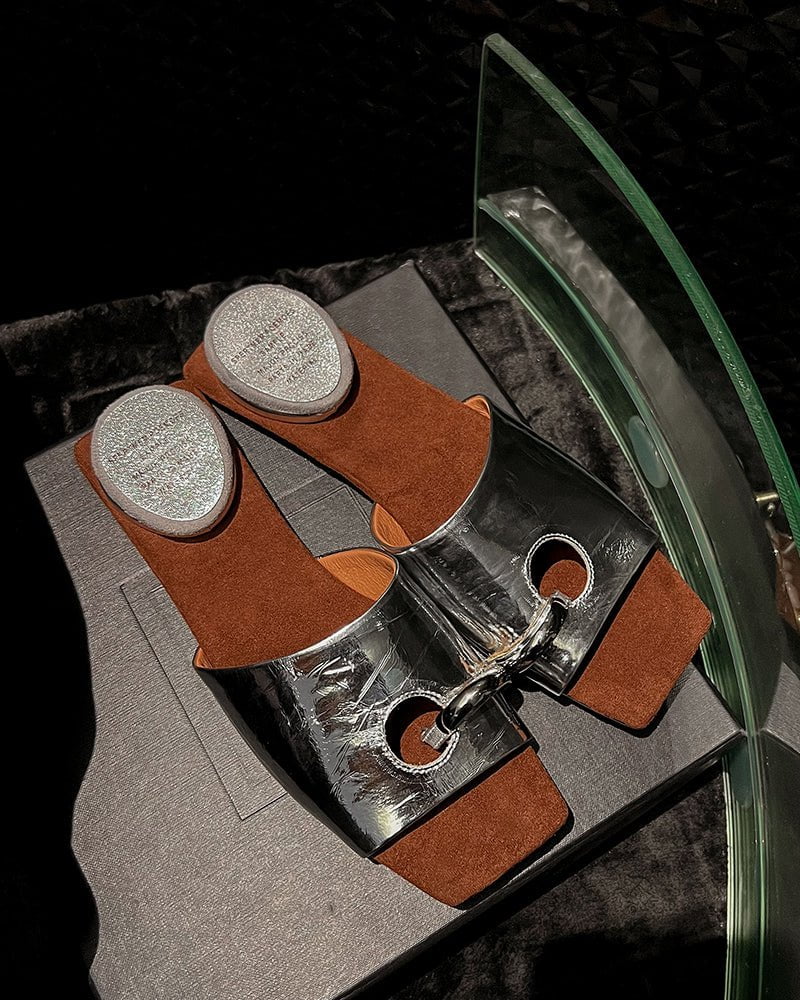 (Clean Up - US 7.5 ) Gold Ring Square Heel Thong Slide Sandals