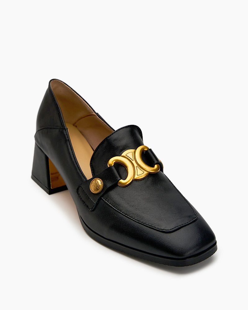 (Clean Up -  US 7.5) Soft Chunky Heel Metal Buckle Loafers