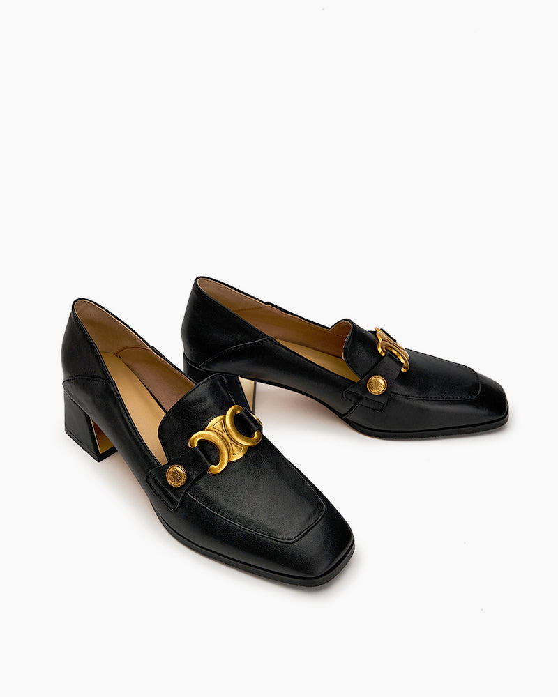 (Clean Up -  US 7.5) Soft Chunky Heel Metal Buckle Loafers