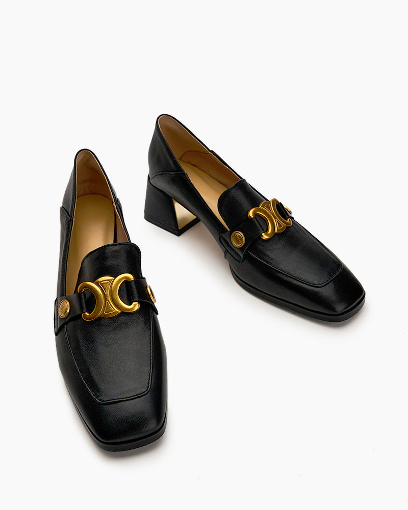 (Clean Up -  US 7.5) Soft Chunky Heel Metal Buckle Loafers