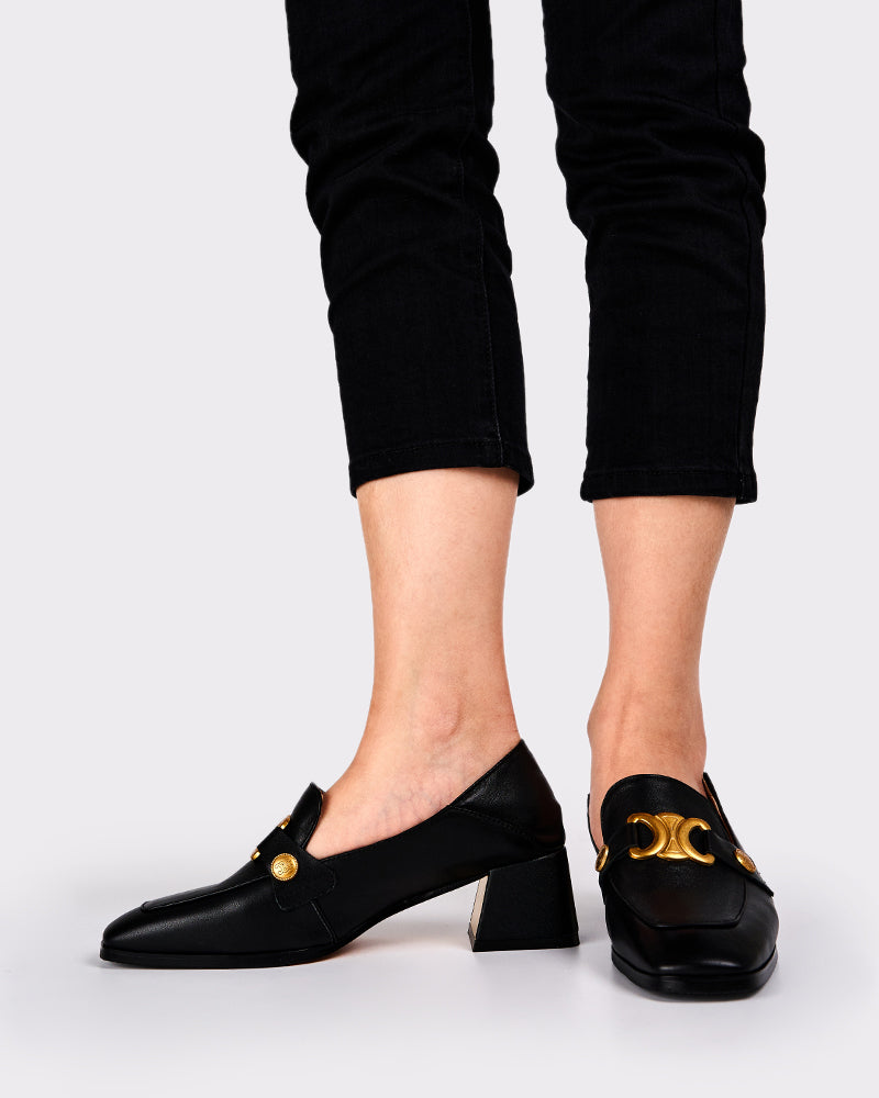 (Clean Up -  US 7.5) Soft Chunky Heel Metal Buckle Loafers