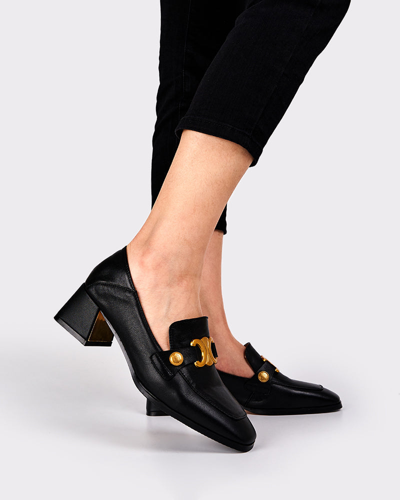 (Clean Up -  US 7.5) Soft Chunky Heel Metal Buckle Loafers