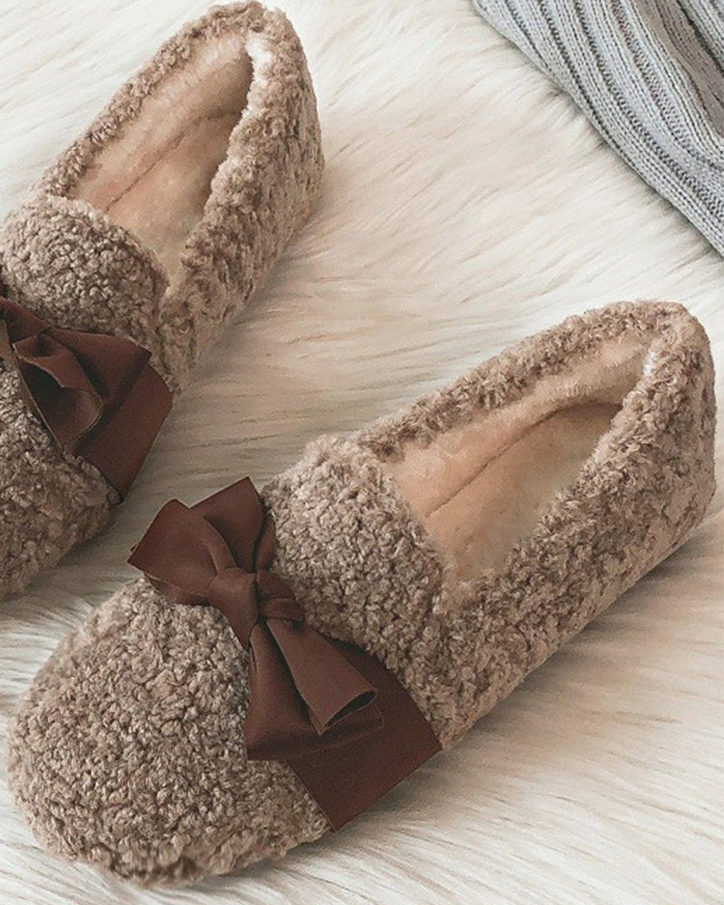 (Clean Up - US 7) Faux Lamb Wool Comfy Warm Bow Loafers