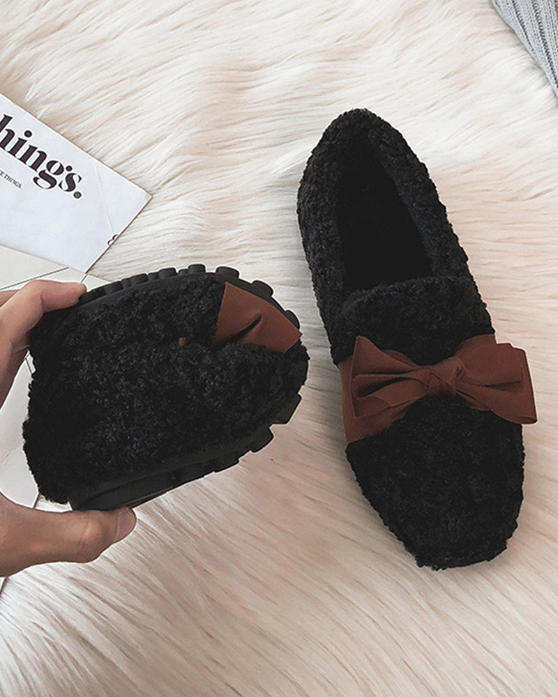 (Clean Up - US 7) Faux Lamb Wool Comfy Warm Bow Loafers