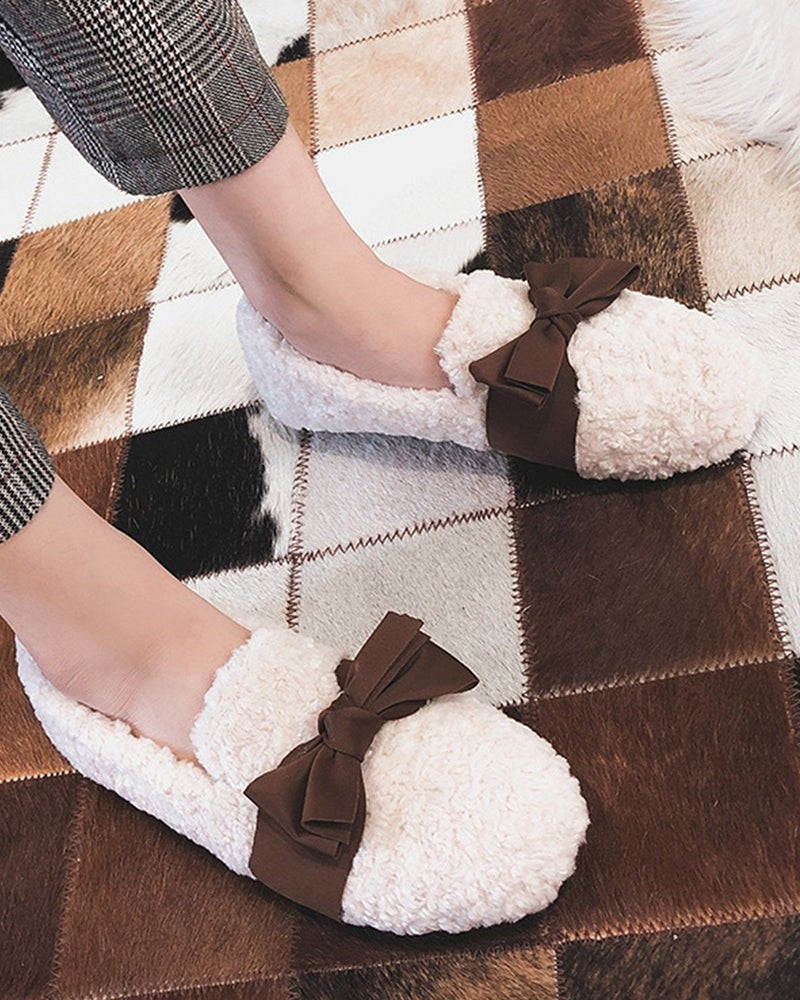 (Clean Up - US 7) Faux Lamb Wool Comfy Warm Bow Loafers