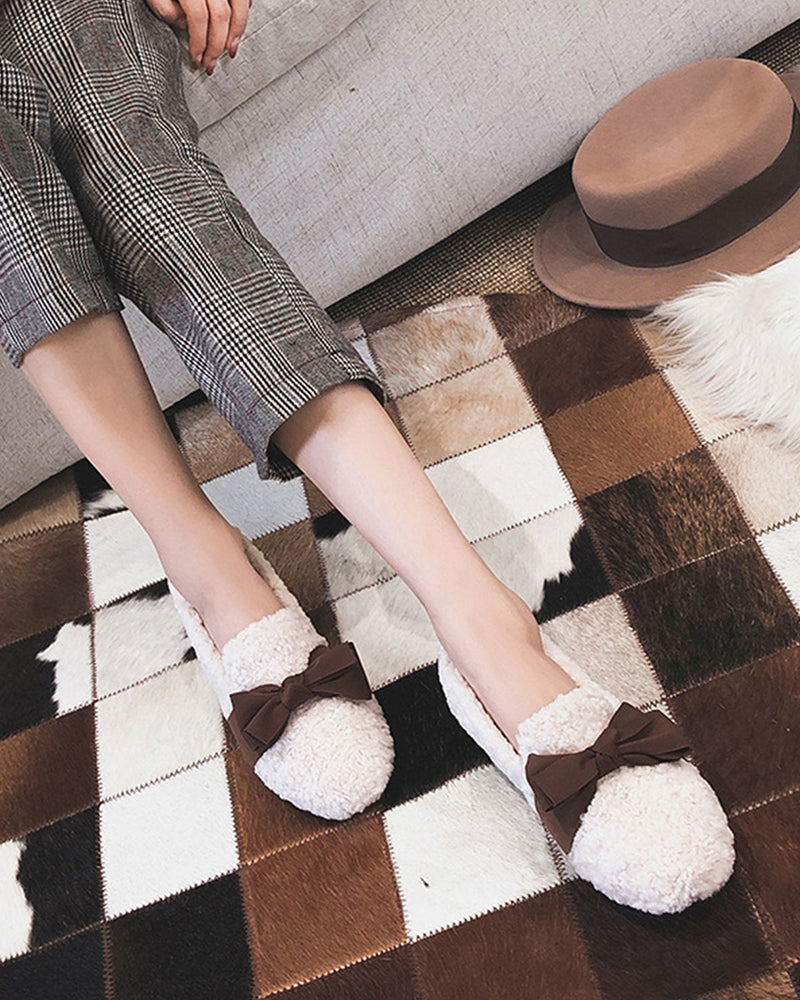 (Clean Up - US 7) Faux Lamb Wool Comfy Warm Bow Loafers