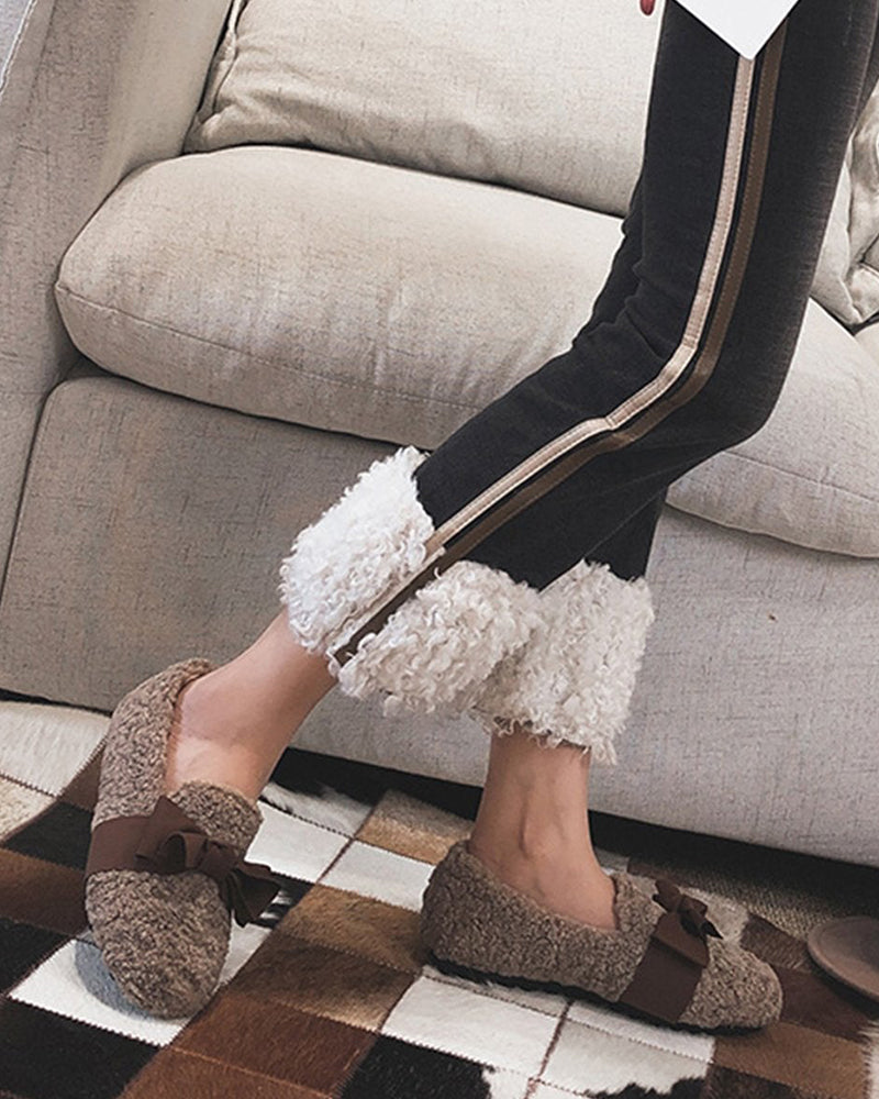 (Clean Up - US 7) Faux Lamb Wool Comfy Warm Bow Loafers