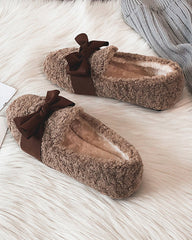 (Clean Up - US 7) Faux Lamb Wool Comfy Warm Bow Loafers