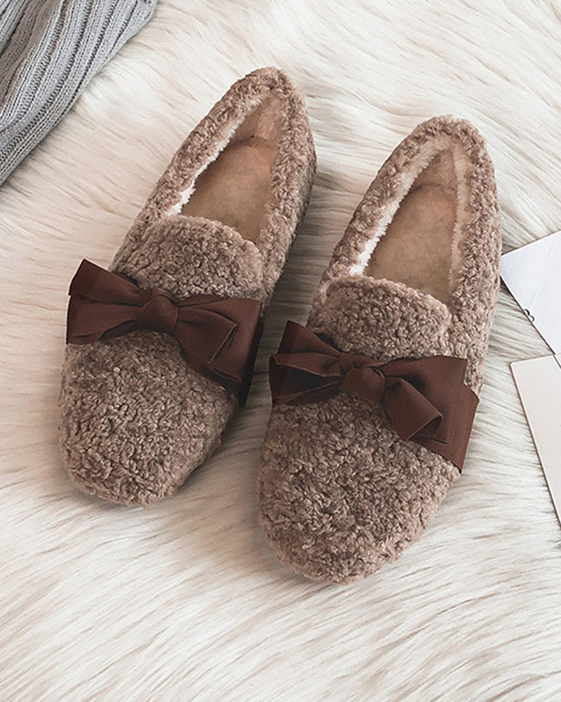 (Clean Up - US 7) Faux Lamb Wool Comfy Warm Bow Loafers
