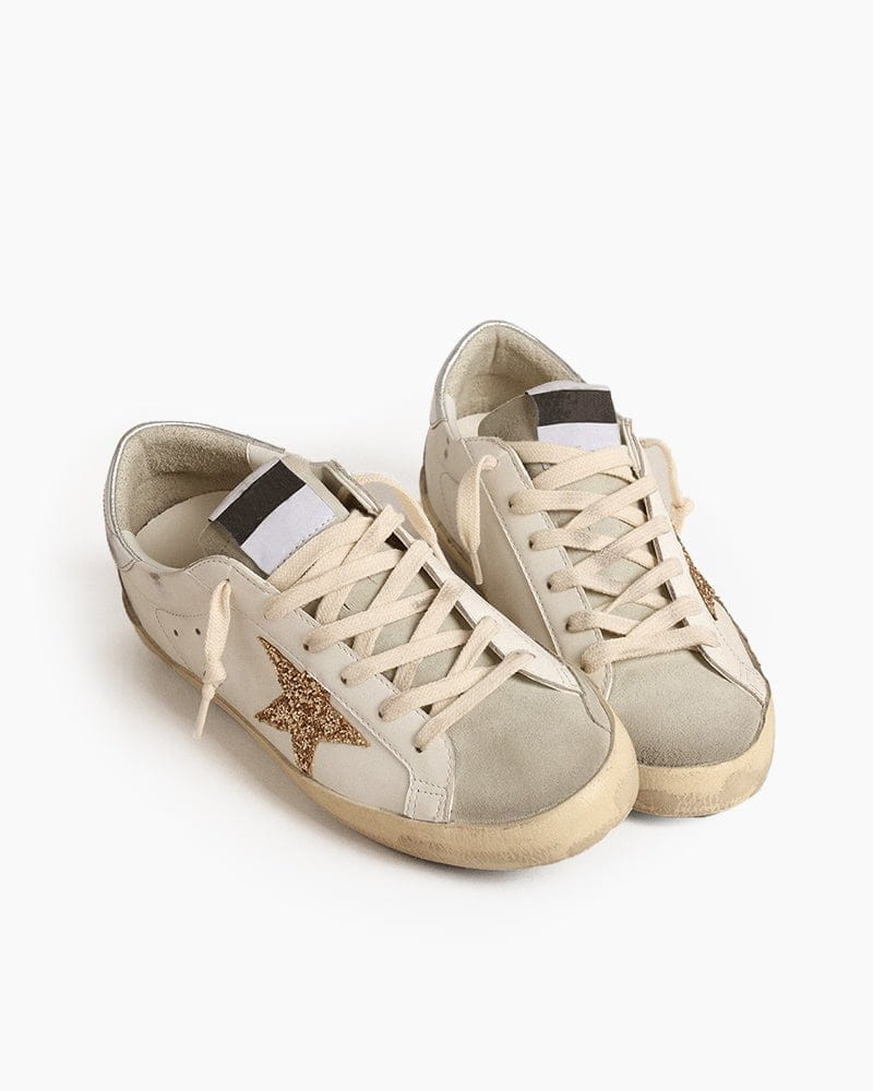 Women’s Coffee Run Leather Low-Top Gold Glitter Star Sneakers