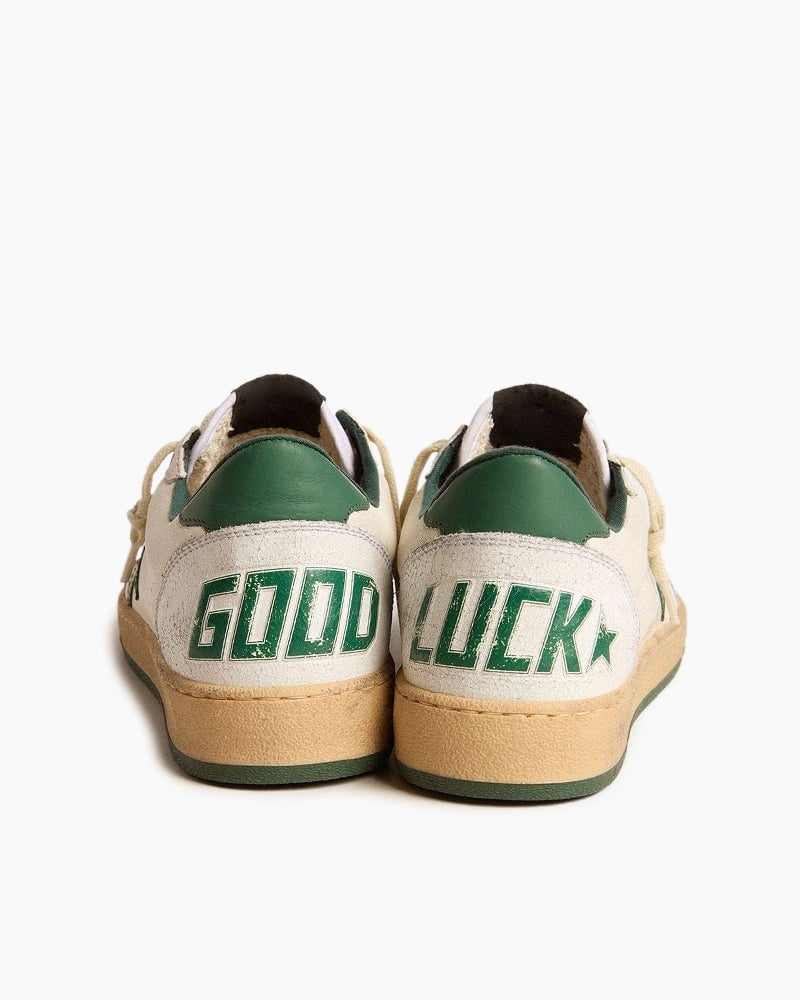 Men's White Nappa Leather Sneakers with Green Good Luck Star
