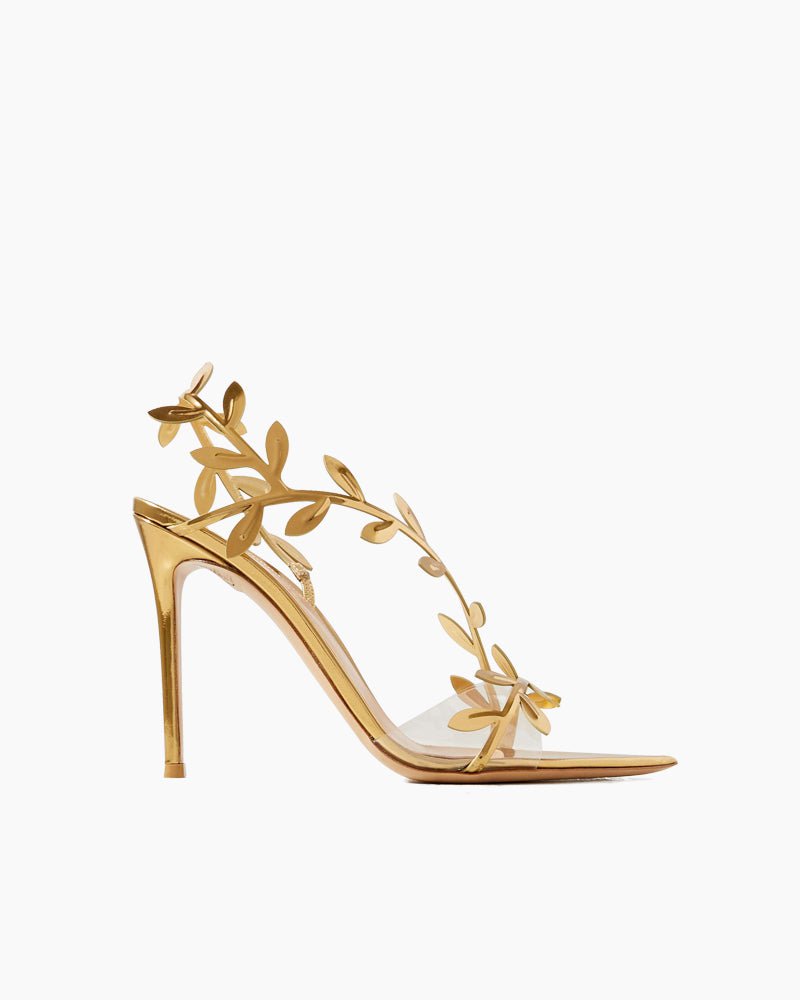 (Clean Up - US 9 ) Gold Leaf Stiletto Heels Transparent Straps Sandals