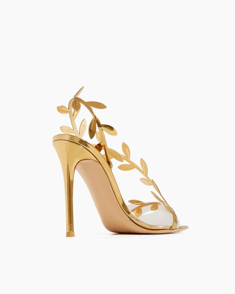 (Clean Up - US 9 ) Gold Leaf Stiletto Heels Transparent Straps Sandals