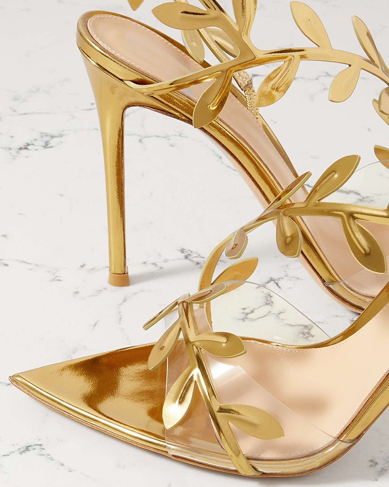 (Clean Up - US 9 ) Gold Leaf Stiletto Heels Transparent Straps Sandals