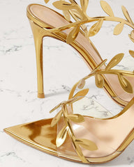 (Clean Up - US 9 ) Gold Leaf Stiletto Heels Transparent Straps Sandals