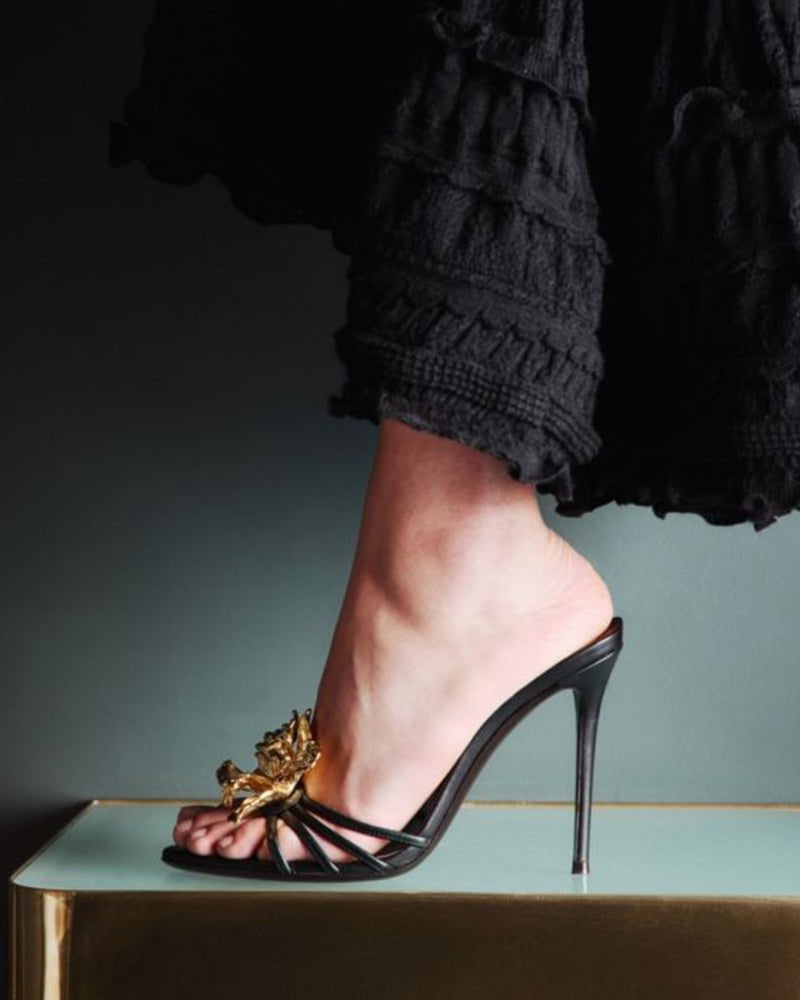 Gold Floral Strappy High Heel Pumps