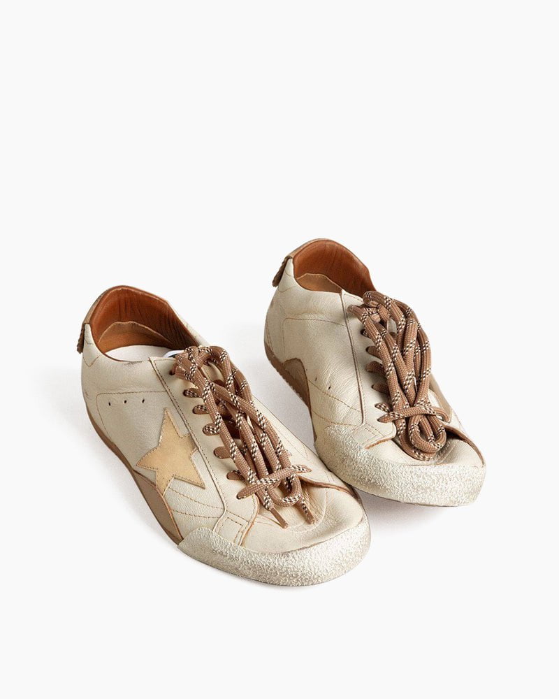 Men's White Nappa Leather Sneakers with Gold Star and Beige Heel Tab
