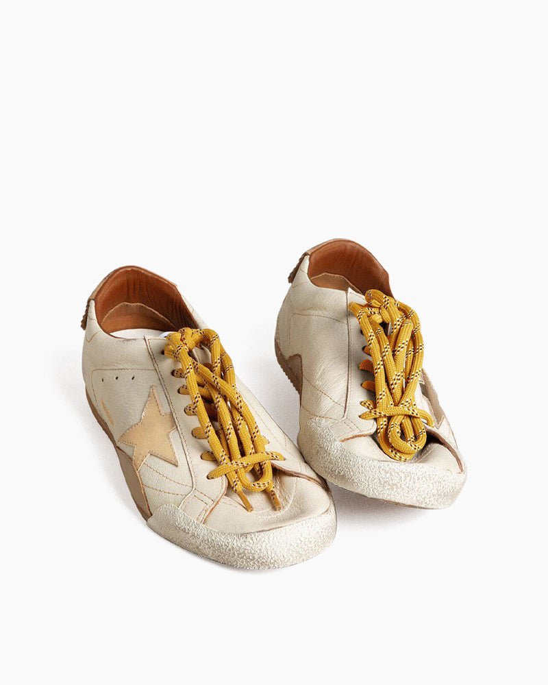 Men's White Nappa Leather Sneakers with Gold Star and Beige Heel Tab