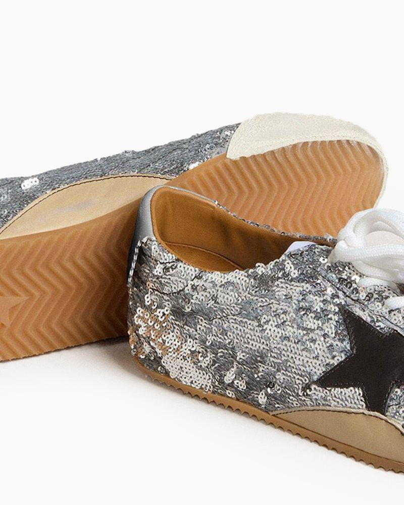 Silver Sequins Sneakers with Black Star and Beige Heel Tab