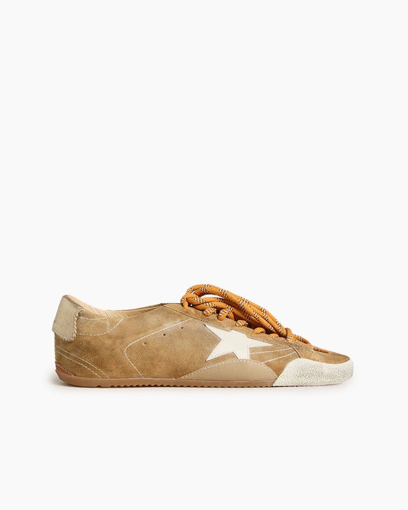 Men's Tobacco Colored Suede Nappa Leather Sneakers with White Star and Gold Heel Tab