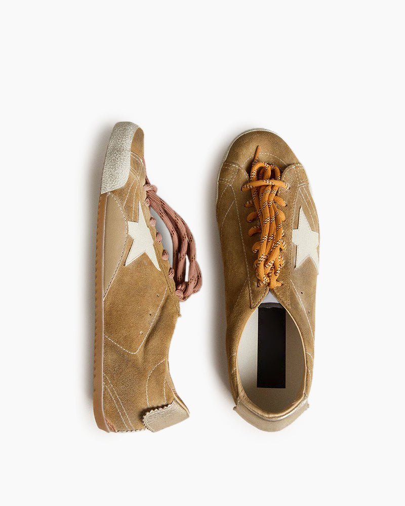 Men's Tobacco Colored Suede Nappa Leather Sneakers with White Star and Gold Heel Tab