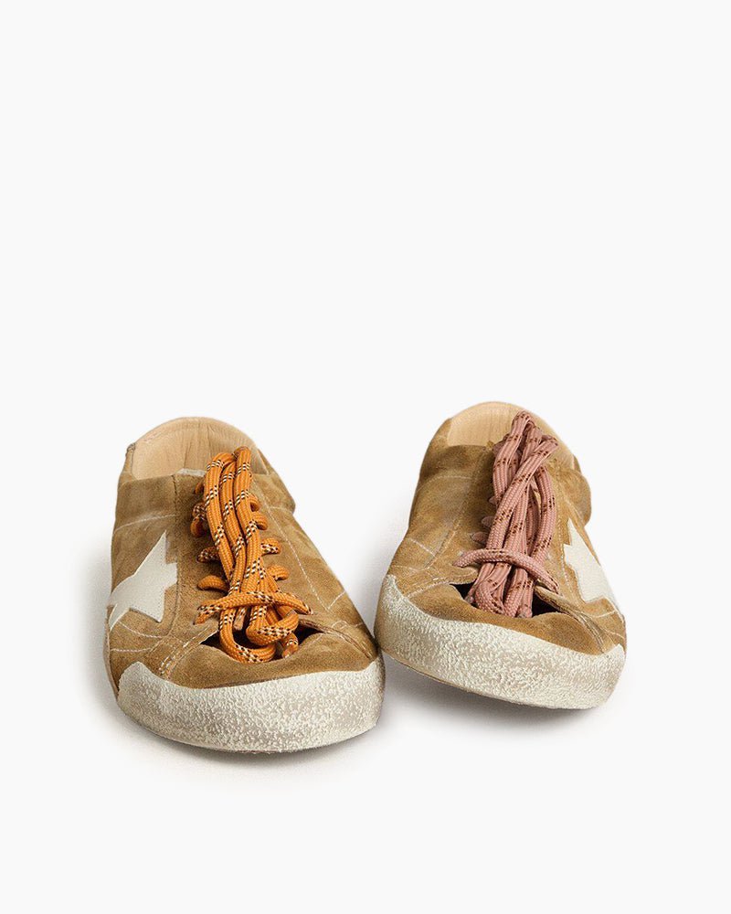 Men's Tobacco Colored Suede Nappa Leather Sneakers with White Star and Gold Heel Tab