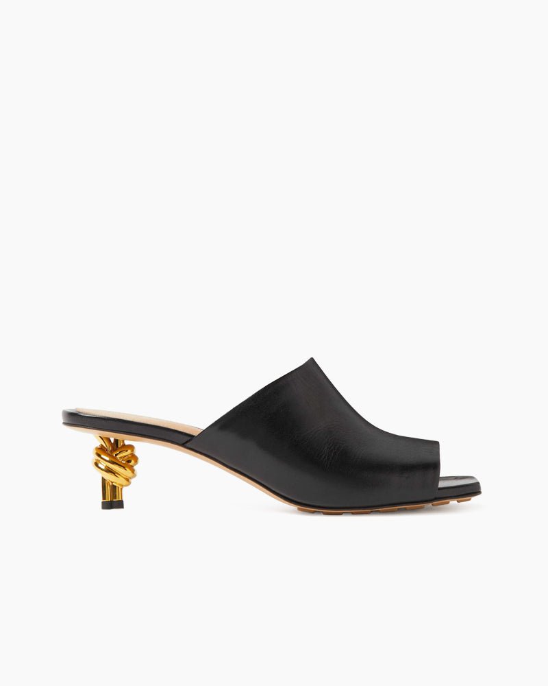 Gold Knot Heel Mules Leather Kitten Heel Pumps