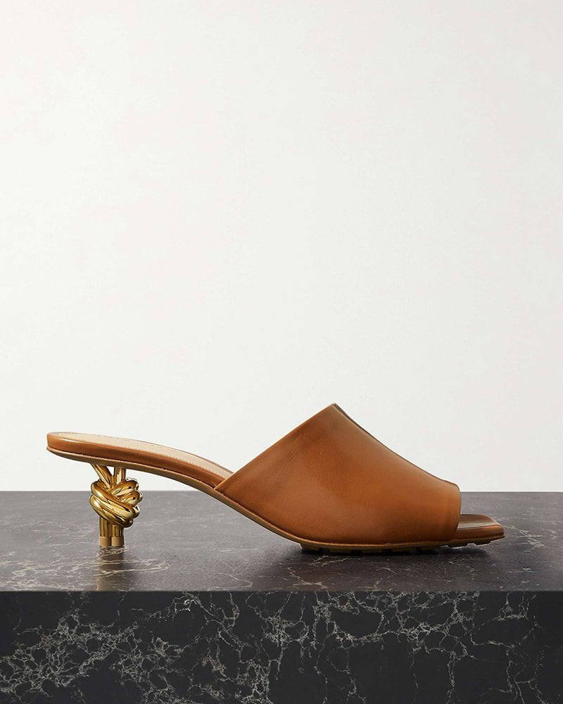 Gold Knot Heel Mules Leather Kitten Heel Pumps