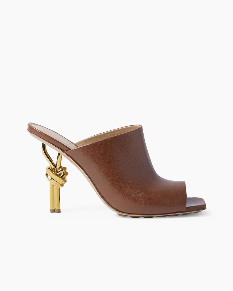 Gold Knot Heel Mules Leather High Heel Pumps