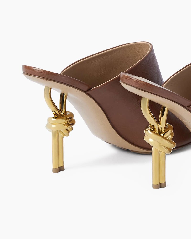 Gold Knot Heel Mules Leather High Heel Pumps