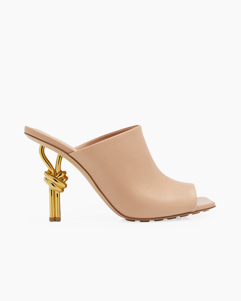 Gold Knot Heel Mules Leather High Heel Pumps