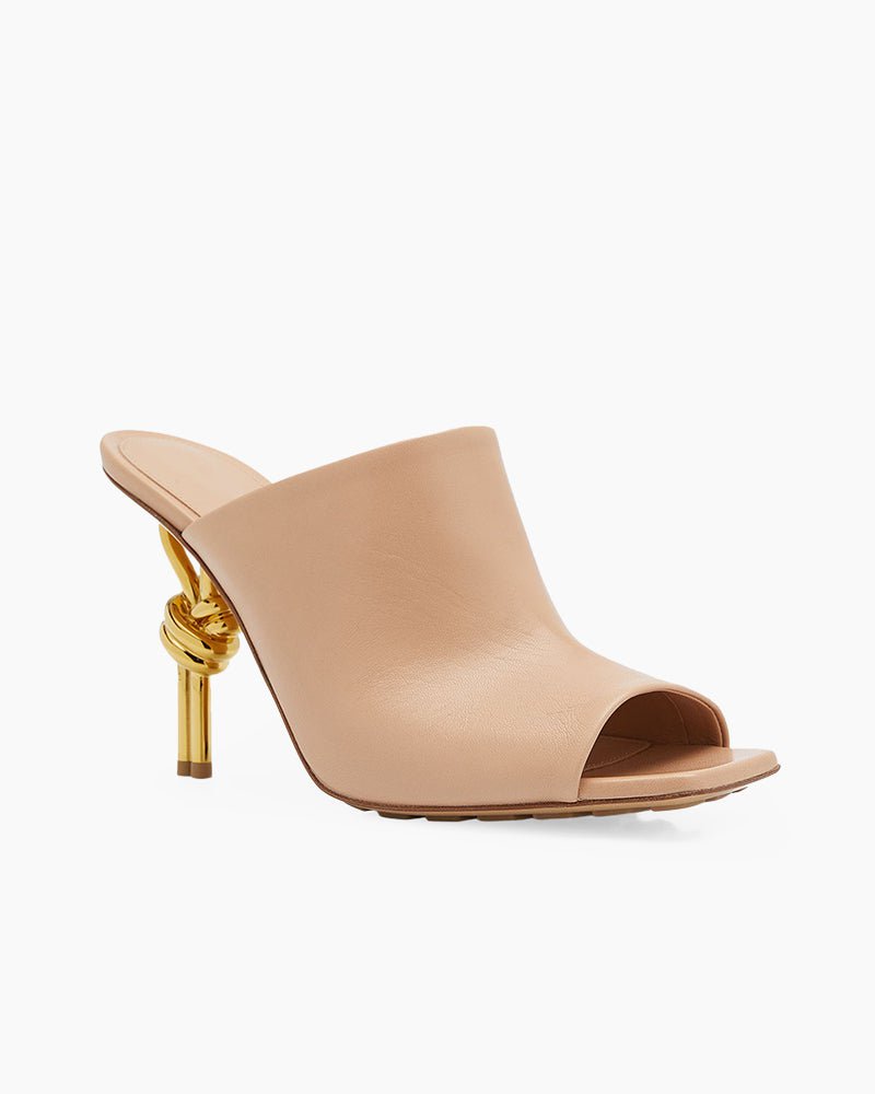 Gold Knot Heel Mules Leather High Heel Pumps