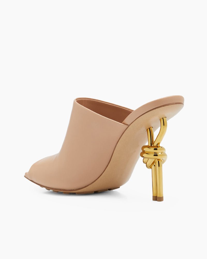 Gold Knot Heel Mules Leather High Heel Pumps
