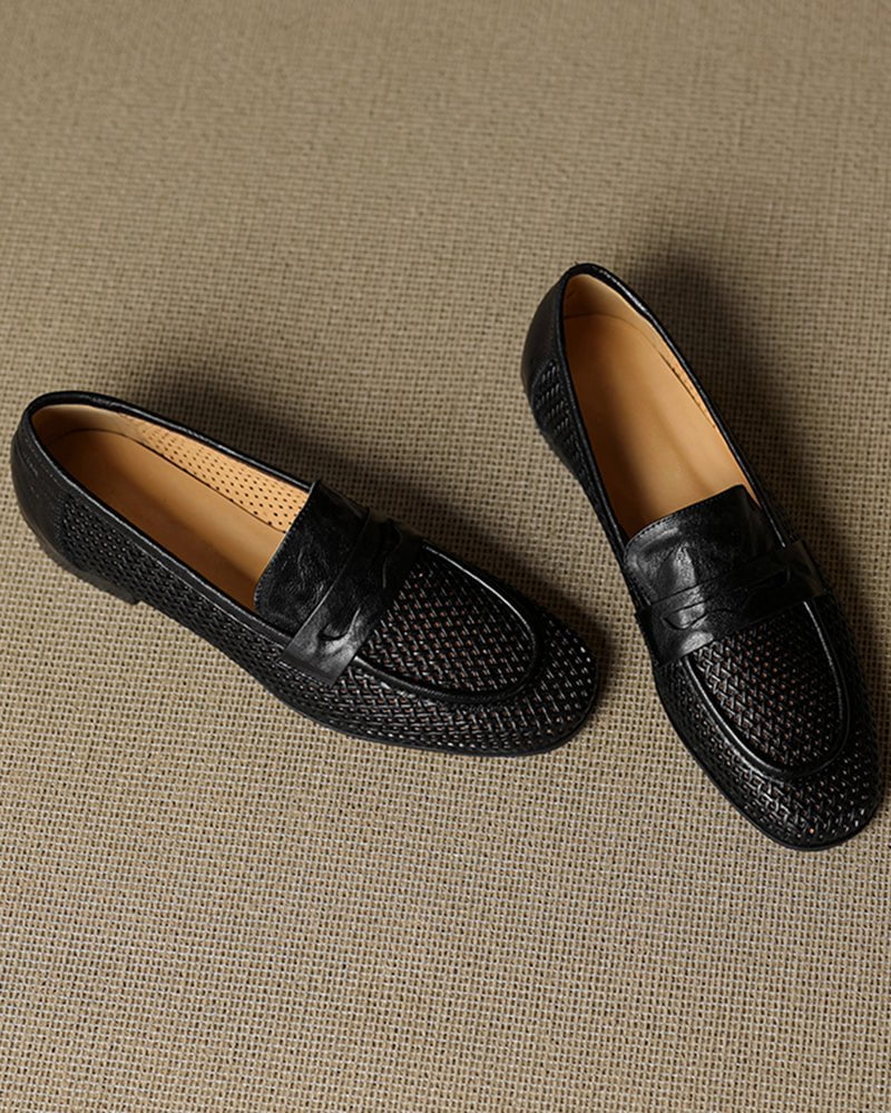 (Clean Up - US 7 ) Woven Braided Leather Casual Flat Loafers