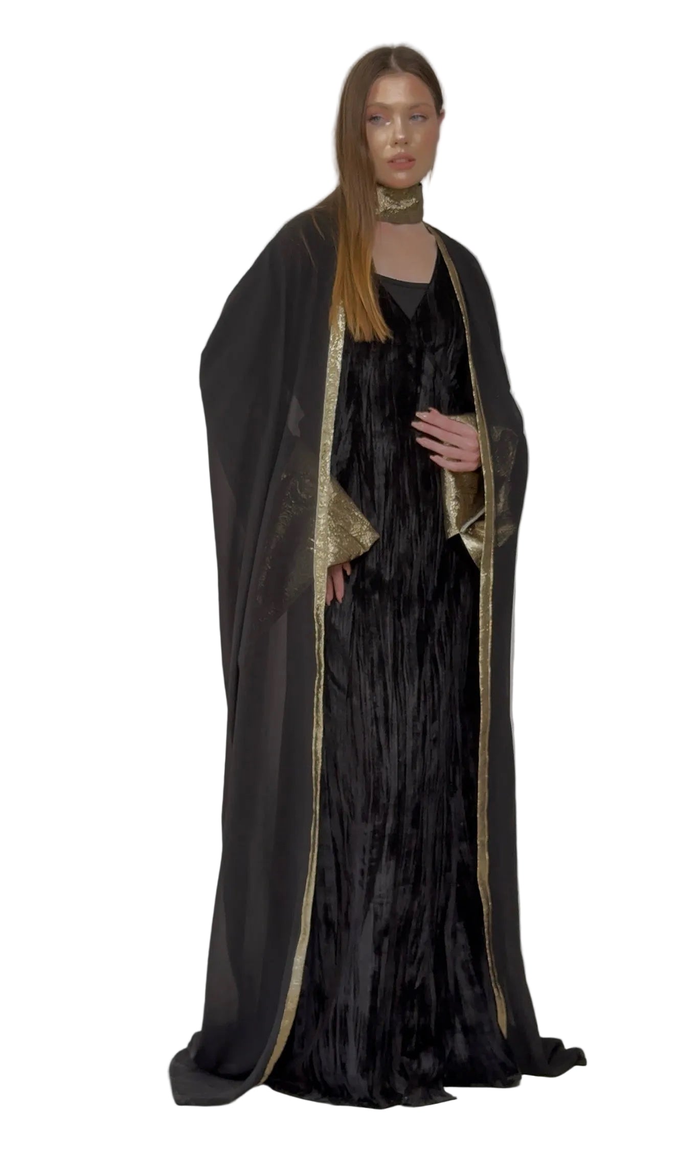 Black & Gold Velvet Kimono Maxi Dress – Statement Sleeve Evening Kaftan