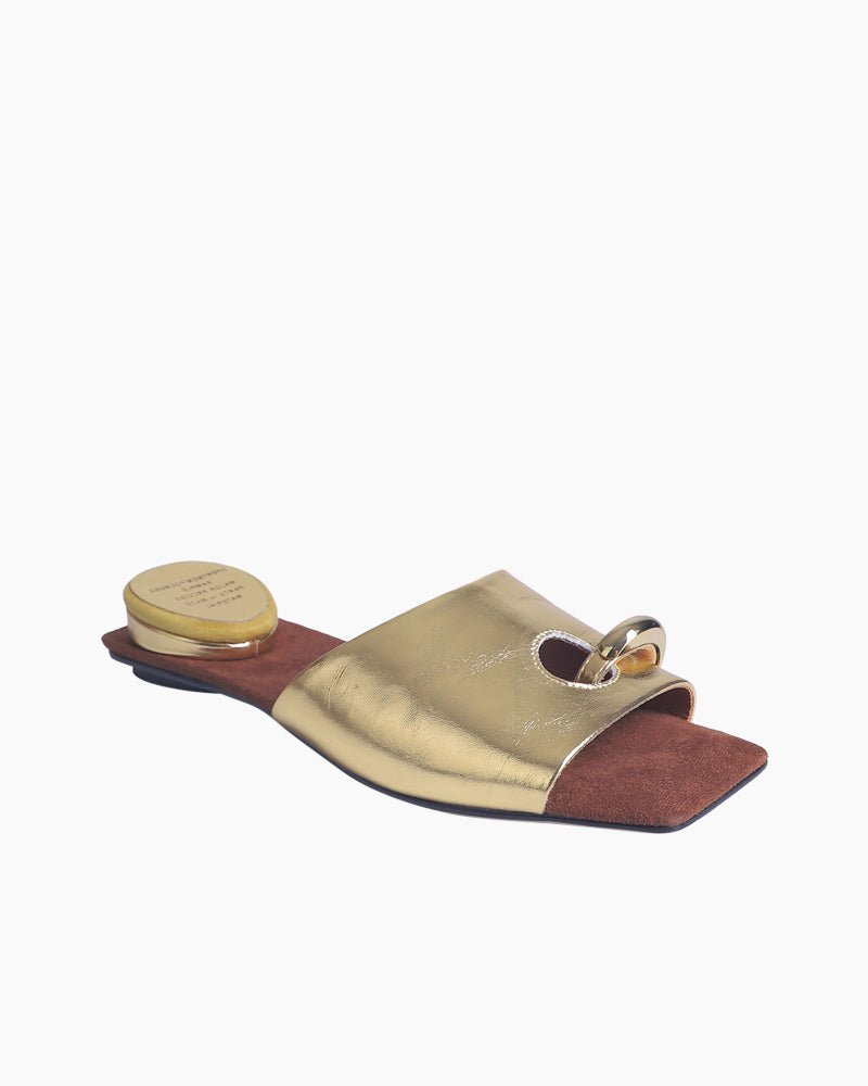 (Clean Up - US 7.5 ) Gold Ring Square Heel Thong Slide Sandals