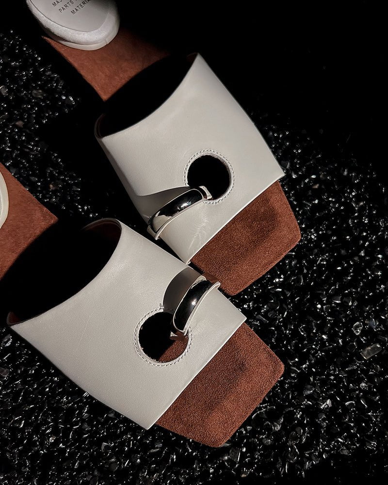 (Clean Up - US 7.5 ) Gold Ring Square Heel Thong Slide Sandals