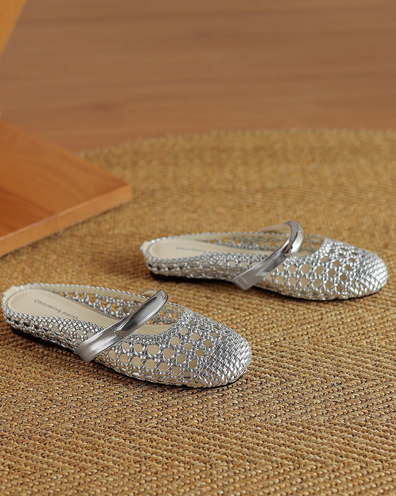 Woven Gold-Tone Strap Mary Jane Flats