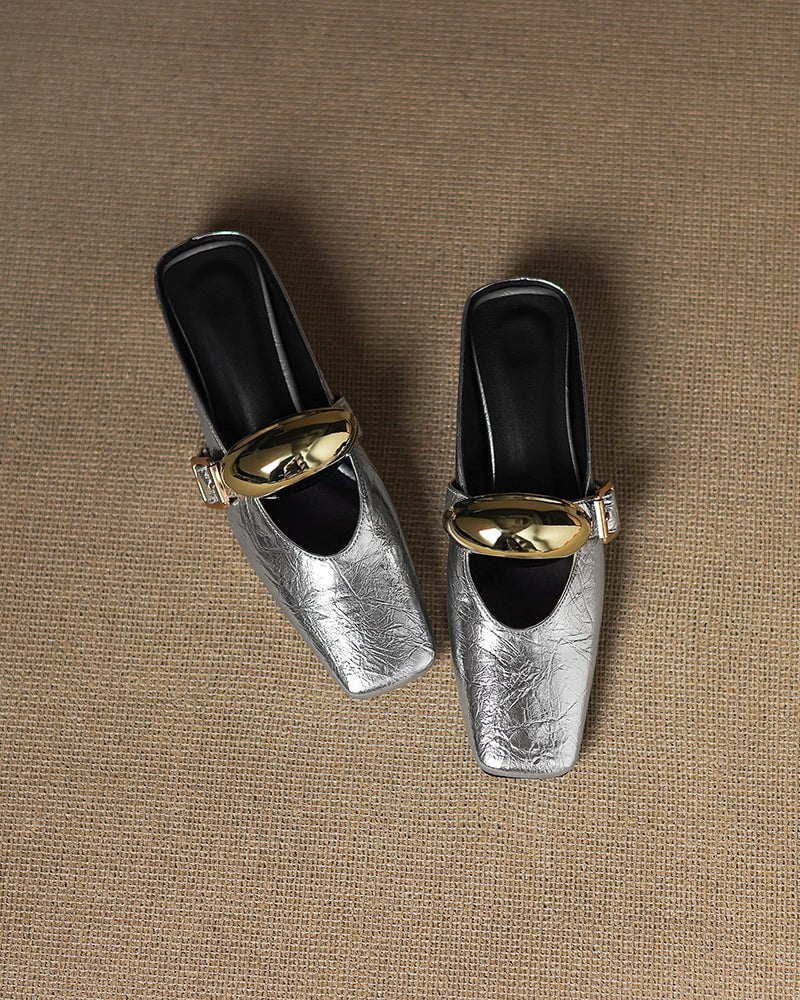 (Clean Up - US 7.5) Bold Gold Oval Buckle Square Toe Flat Mules