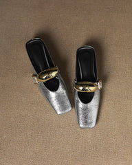 (Clean Up - US 7.5) Bold Gold Oval Buckle Square Toe Flat Mules