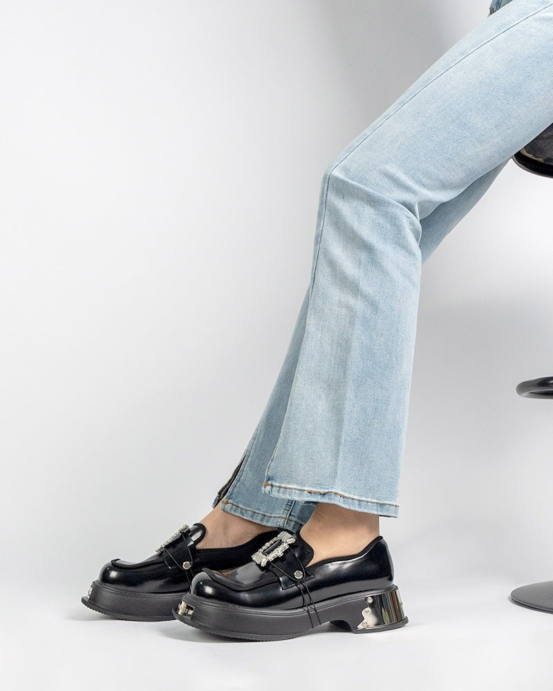 (Clean Up - US 5) Metal Platform Chunky Loafers with Detachable Decoration