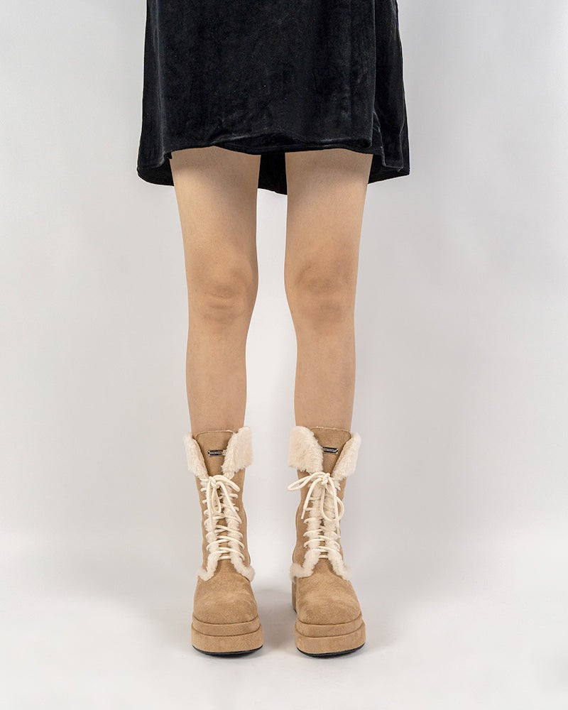 (Clean Up - US 5 ) Fur Lined Mid Calf Platform Chunky Snow Boots