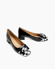 (Clean Up - US 7.5) Square Buckle Checkered Print Chunky Heels