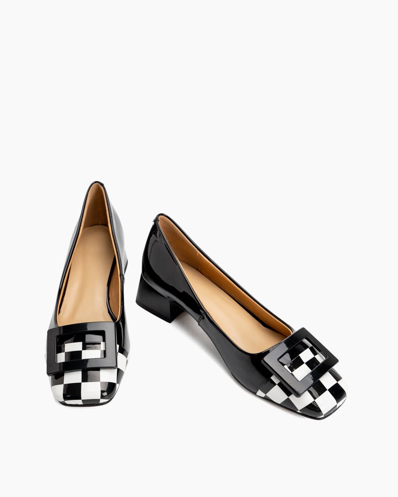 (Clean Up - US 7.5) Square Buckle Checkered Print Chunky Heels